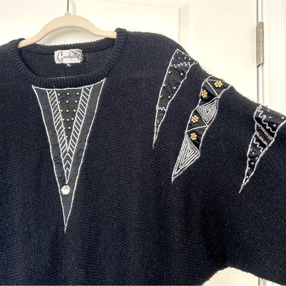 VTG 80’s Women's L Beaded Sweater Acrylic Blend Black Long Sleeve Geometric